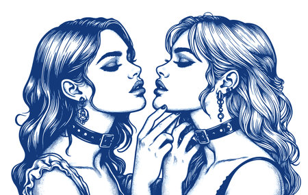two women with closed eyes in love, wearing chokers and elegant earrings. sketch engraving generative ai fictional character vector illustration. Scratch board. Black and white image.の素材