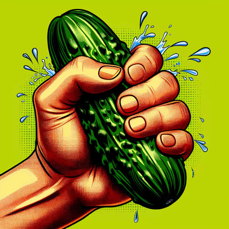 strong hand squeezing a cucumber with exaggerated juice splash on vibrant yellow background for humor or impact. Generative ai vector colorful pop art illustration.の素材