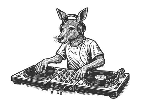 kangaroo wearing headphones and DJing with turntables, combining music and animal humor. sketch engraving fictional character vector illustration. Scratch board. Black and white image.のイラスト素材
