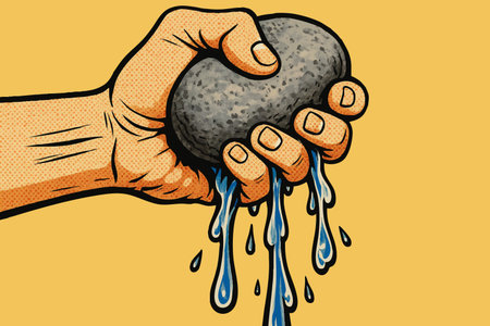 hand forcefully squeezing water from a stone, symbolizing effort, pressure, or impossibility on yellow background. vector colorful pop art illustration.のイラスト素材
