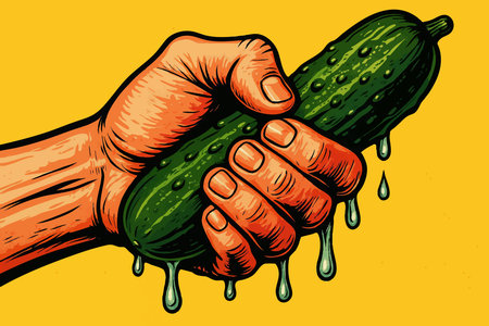 strong hand squeezing a cucumber with exaggerated juice splash on vibrant yellow background for humor or impact. raster colorful pop art illustration.の写真素材