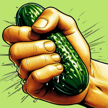 strong hand squeezing a cucumber with exaggerated juice splash on vibrant yellow background for humor or impact. colorful pop art illustration.の写真素材