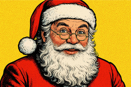 Santa Claus with glasses, red suit, and a joyful smile on a bright yellow dotted background. raster colorful pop art illustration.の写真素材