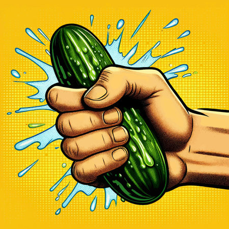 strong hand squeezing a cucumber with exaggerated juice splash on vibrant yellow background for humor or impact. vector colorful pop art illustration.のイラスト素材