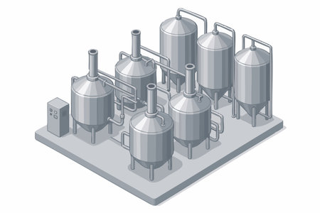 stnless steel tanks with pipes in a factory layout, ideal for industrial, manufacturing, or brewing themes. Isometric vector colorful illustration.のイラスト素材