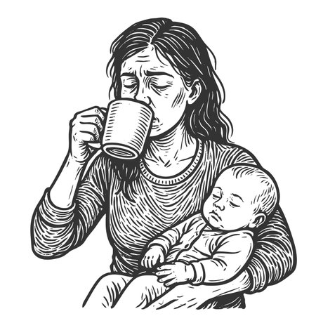 exhausted mother sipping coffee with a sleeping baby in her arms, capturing parenting fatigue sketch engraving generative ai fictional character raster illustration. Scratch board. Black and white.の素材
