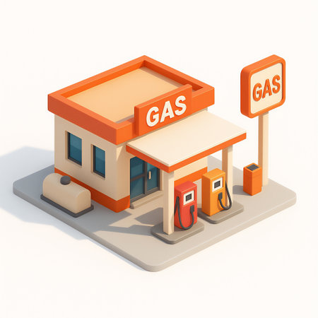 small gas station with a clean, cartoon-like aesthetic. Isometric raster colorful illustration.の写真素材