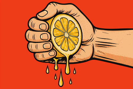 strong hand squeezing a juicy lemon, with liquid dripping against a bold red background. Generative ai raster colorful pop art illustration.の素材