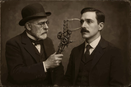 Sepia-toned digital artwork depicting an old-fashioned scientist examining a man with a mechanical steampunk device in a vintage setting. vector illustration.