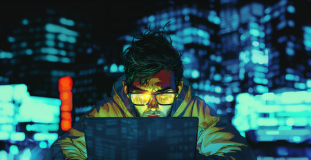hacker or cybersecurity expert wearing sunglasses, with glowing code reflected in the lenses. Generative ai raster colorful illustration.の素材