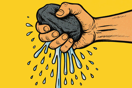 hand forcefully squeezing water from a stone, symbolizing effort, pressure, or impossibility on yellow background. Generative ai raster colorful pop art illustration.の素材