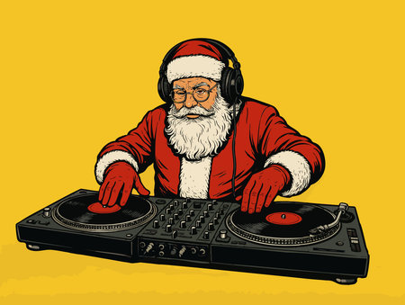 Santa Claus as a DJ, wearing headphones and spinning vinyl records on a turntable against a yellow background. Generative ai raster colorful pop art illustration.の素材