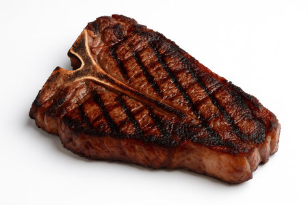 Juicy grilled T-bone steak with perfect char marks, isolated on a white background. Generative ai raster colorful isolated illustration on white background.の素材