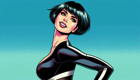 smiling woman with short dark hr in a sleek black and white bodysuit. raster colorful pop art...