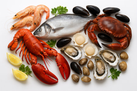 raw seafood including lobster, crab, shrimp, oysters, scallops, fish, mussels, clams, and lemon slices. Generative ai raster colorful isolated illustration on white background.の素材