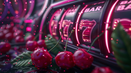 slot machine with cherries and sevens, symbolizing luck, casino wins, and vibrant nightlife gaming. Generative ai raster colorful illustration.の素材