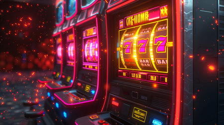close-up of a glowing casino slot machine showing triple sevens, surrounded by neon lights and vibrant reflections. Generative ai raster colorful illustration.の素材