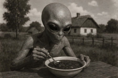 extraterrestrial calmly eating soup outdoors, styled like an old rural image with a cottage in background. raster illustration.の写真素材