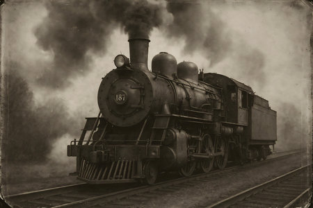 Sepia-toned digital illustration of an old steam engine trn emitting thick smoke, evoking early...