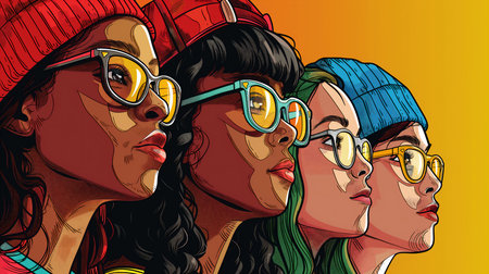 four fashionable young women in beanies and glasses, looking confidently toward the future. Generative ai raster colorful isolated illustration on white background.の素材