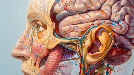 anatomical cross-section showing human brain, muscles, veins, arteries, nerves, eye, and ear. Generative ai raster colorful illustration.の素材