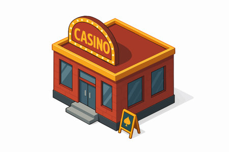 small casino building featuring a lit-up sign, front steps, large windows, and a spade symbol board. Isometric Generative ai vector colorful illustration.の素材