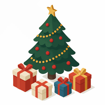 decorated Christmas tree with garlands, ornaments, a star on top, and wrapped gift boxes underneath. Isometric vector colorful illustration.のイラスト素材