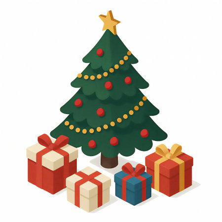 decorated Christmas tree with garlands, ornaments, a star on top, and wrapped gift boxes underneath. Isometric raster colorful illustration.の写真素材