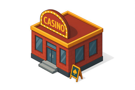 small casino building featuring a lit-up sign, front steps, large windows, and a spade symbol board. Isometric raster colorful illustration.の写真素材