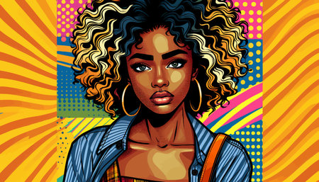 fashionable young woman with curly hair and hoop earrings against a bold graphic background. Generative ai vector colorful pop art illustration.の素材