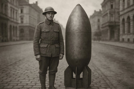 military scene showing a uniformed soldier standing beside a massive bomb on a cobblestone street...