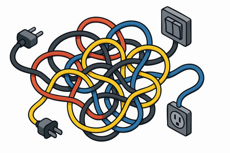 messy tangled electrical cords in red, yellow, blue, and black, with plugs and outlets on white background. Isometric vector colorful illustration.のイラスト素材