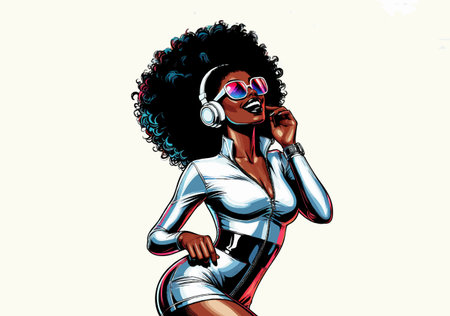 Stylish futuristic woman in glossy outfit and headphones, dancing joyfully with sunglasses in a vibrant comic pop art style. vector colorful pop art illustration.のイラスト素材