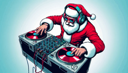 Santa Claus wearing headphones and sunglasses spinning vinyl records on a DJ mixer, in a fun comic-style Christmas artwork. vector colorful pop art illustration.のイラスト素材