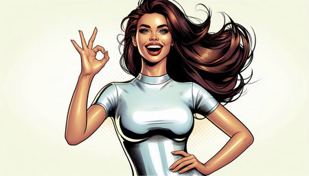 woman with long flowing hair and a bright smile, wearing a white dress and showing an OK hand sign....