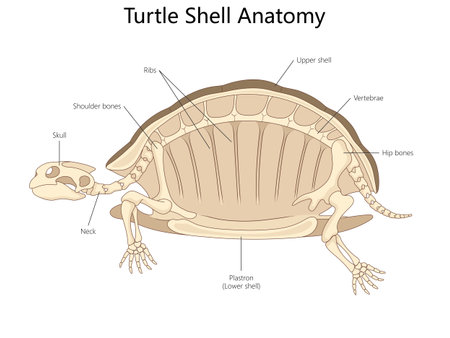 internal anatomy of a turtle, highlighting the shell structure, ribs, spine, and skeletal features diagram hand drawn schematic vector. Science educational illustrationのイラスト素材