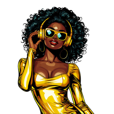 Stylish woman in shiny gold outfit, wearing gold headphones and sunglasses, rsing fist with confident joyful expression. vector colorful pop art illustration.のイラスト素材