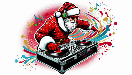 Santa Claus wearing headphones and sunglasses spinning vinyl records on a DJ mixer, in a fun comic-style Christmas artwork. vector colorful pop art illustration.のイラスト素材