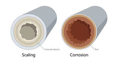 internal pipe damage caused by limescale buildup and rust, highlighting differences between scaling and corrosion diagram hand drawn schematic vector. Science educational illustration