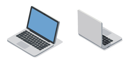 two modern laptops shown from different angles, one with a blue screen, on a white background. Isometric Generative ai raster colorful illustration.の素材