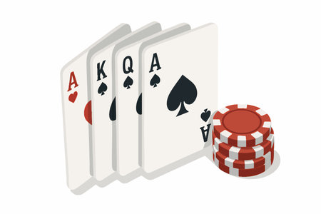 poker hand featuring playing cards Ace of Hearts, King, Queen, Ace of Spades and a stack of red casino chips, gambling and casino games. Isometric vector colorful illustration.のイラスト素材
