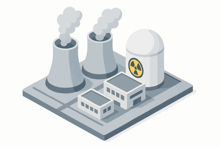 nuclear power plant with cooling towers, steam emissions, reactor building, and infrastructure on a white background. Isometric vector colorful illustration.のイラスト素材