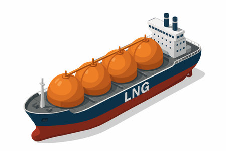 LNG Liquefied Natural Gas tanker ship featuring large spherical storage tanks and labeled hull, used for transporting liquefied gas across oceans. Isometric vector colorful illustration.のイラスト素材