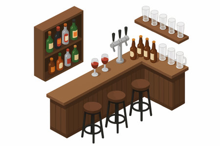 cozy bar setup featuring a wooden counter, bar stools, beer taps, various liquor bottles, wine glasses, and shelves with glassware. Isometric vector colorful illustration.のイラスト素材