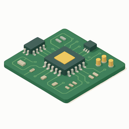 electronic circuit board with microchips and components. Ideal for tech, hardware, and electronics themes. Isometric vector colorful illustration.のイラスト素材
