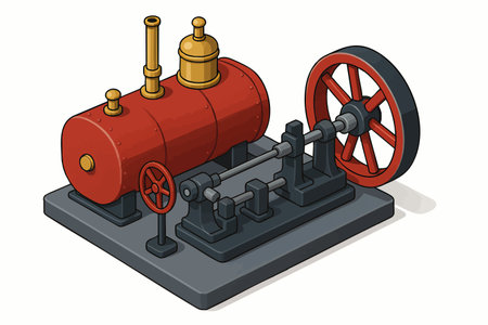 classic steam engine mechanism with flywheel and boiler, used for education, history, or engineering design. Isometric vector colorful illustration.のイラスト素材