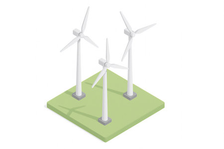 three wind turbines standing on a green platform, representing renewable energy and sustnable power. Isometric raster colorful illustration.の写真素材