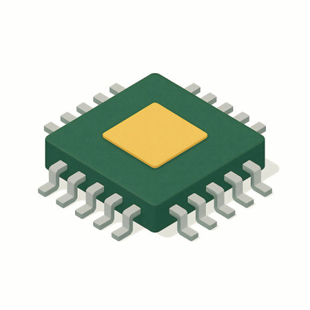microchip or processor. Symbolizes modern technology, computing power, electronics, and digital innovation. Isometric raster colorful illustration.の写真素材