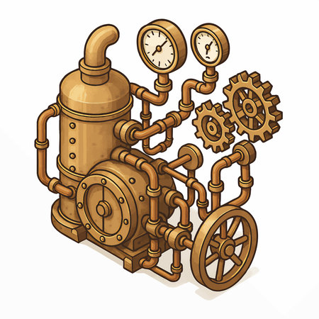 fantasy steampunk steam engine featuring pipes, gears, pressure gauges, and vintage industrial design elements. Isometric vector colorful illustration.のイラスト素材