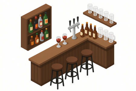 cozy bar setup featuring a wooden counter, bar stools, beer taps, various liquor bottles, wine glasses, and shelves with glassware. Isometric raster colorful illustration.の写真素材